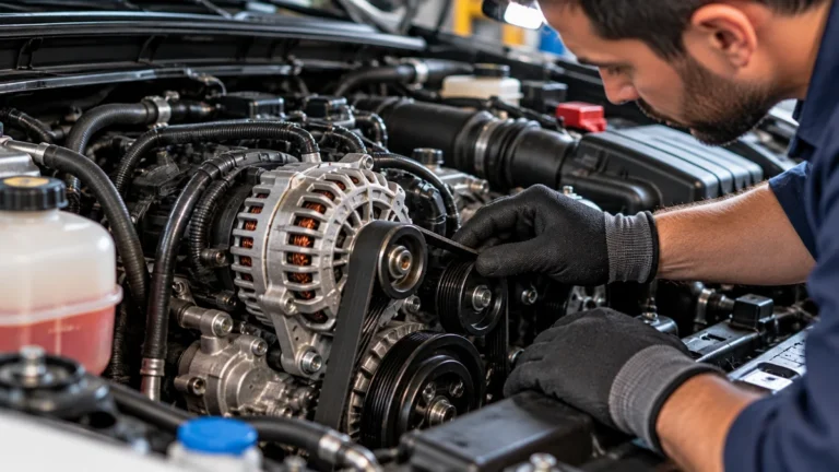 Mechanic inspecting the alternator and serpentine belt pulleys in a modern car engine bay during routine maintenance.