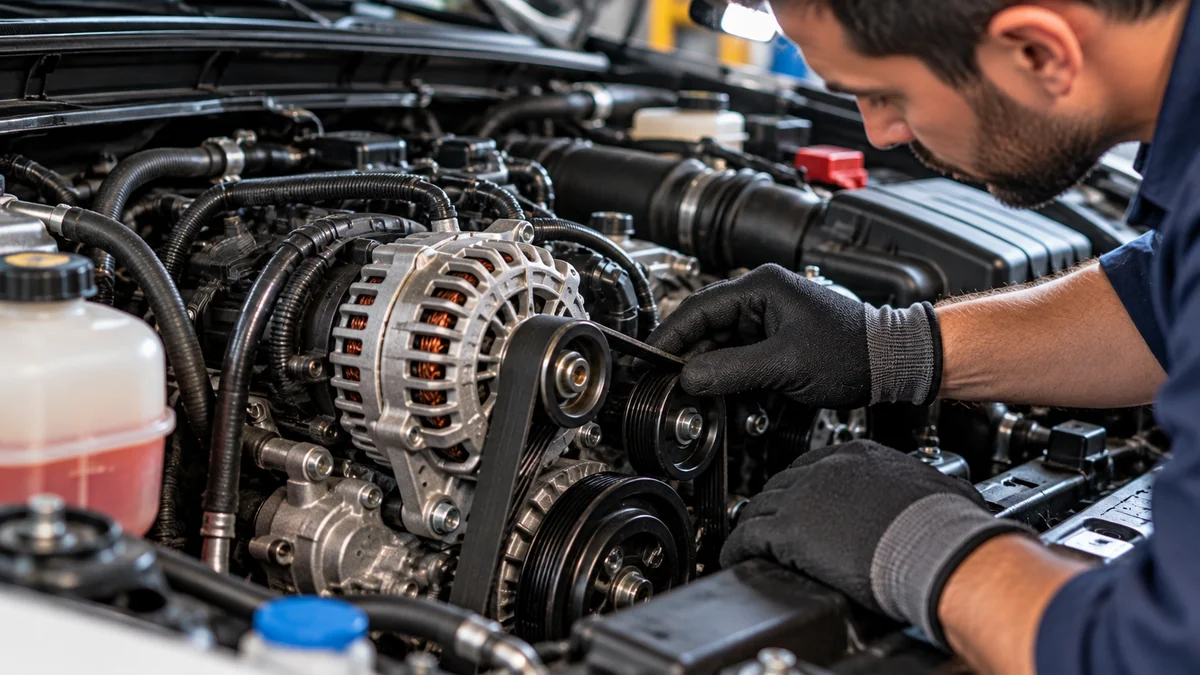 Mechanic inspecting the alternator and serpentine belt pulleys in a modern car engine bay during routine maintenance.