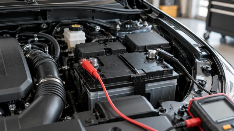 Modern car battery in a clean engine bay with red and black electrical tester leads connected to the battery terminals.