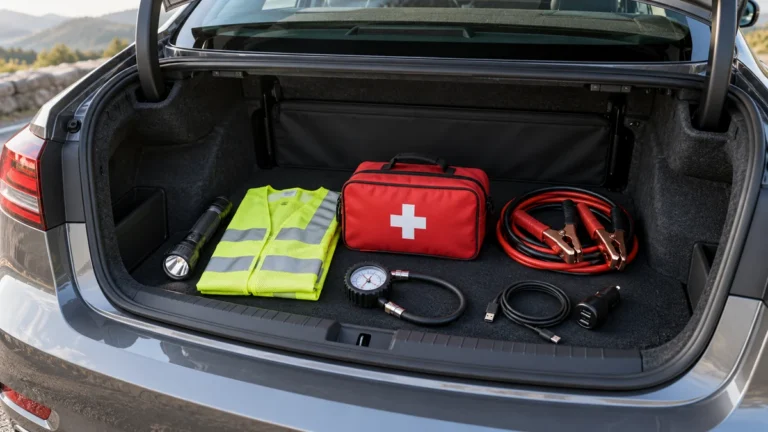 Car emergency kit arranged in an open sedan trunk with a first-aid kit, reflective vest, flashlight, jumper cables, tire-pressure gauge, and phone charger.