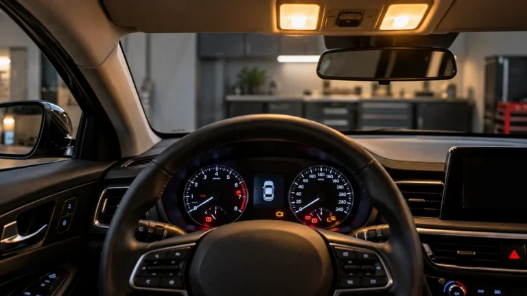 Dashboard and interior lights illuminated in a parked car, a possible cause of parasitic battery drain.
