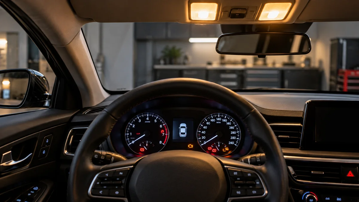 Dashboard and interior lights illuminated in a parked car, a possible cause of parasitic battery drain.