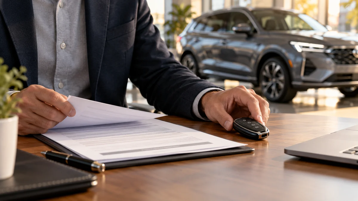 Vehicle owner reviewing car warranty documents beside a key fob on a wooden desk, with a modern SUV in the background.