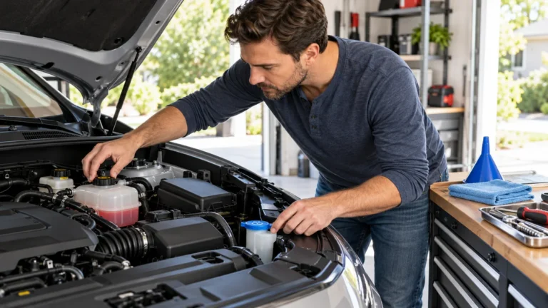 Person inspecting the coolant reservoir and blue windshield washer fluid cap under the open hood of a car in a home garage.