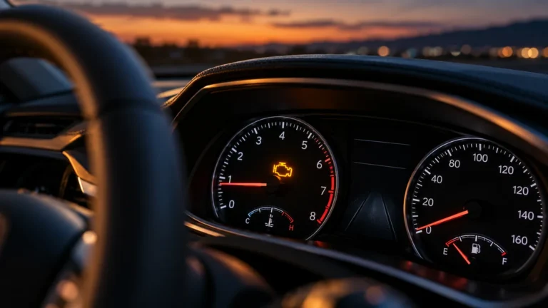 Amber check-engine warning light illuminated on a modern car dashboard at dusk, with the steering wheel softly out of focus.