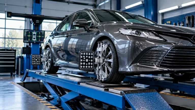 Modern silver sedan on a computerized wheel-alignment lift with alignment sensors attached to its wheels in a professional auto workshop.