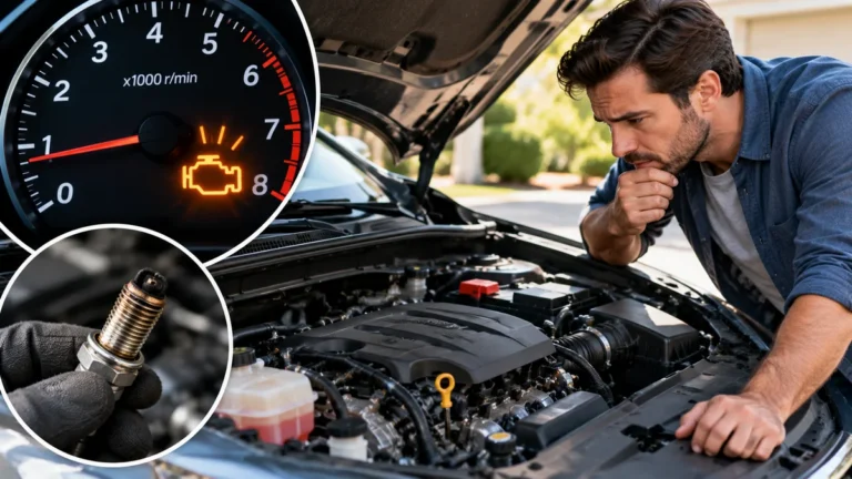 Driver inspecting a car engine with close-up views of a check-engine warning light and worn spark plug.