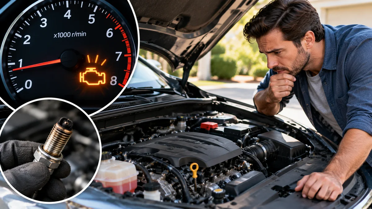 Driver inspecting a car engine with close-up views of a check-engine warning light and worn spark plug.