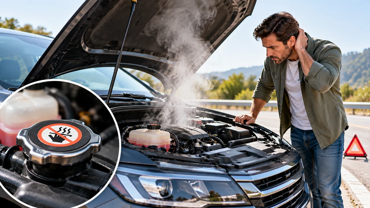 Driver inspecting an overheating SUV with steam rising from the engine and an inset showing a hot radiator cap warning.