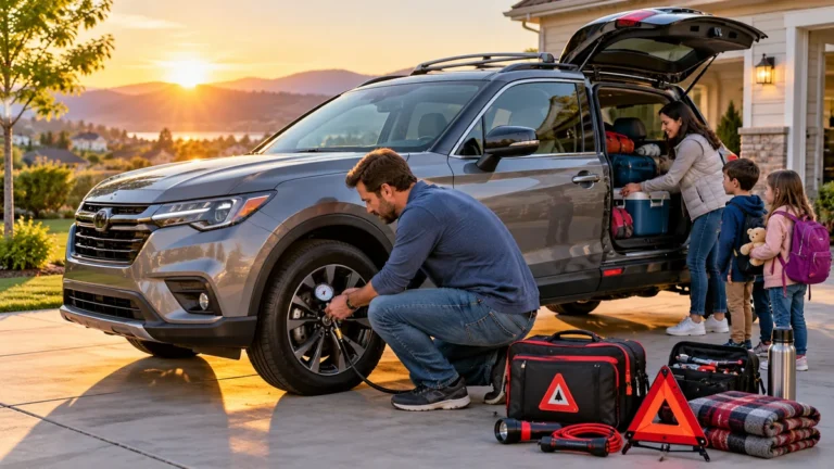 Driver checking SUV tire pressure at sunrise while the family packs for a road trip with an emergency kit and travel supplies.