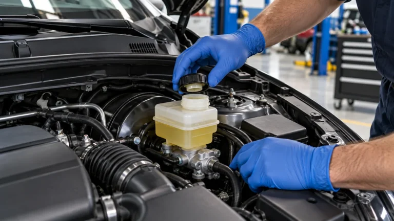 Mechanic wearing blue nitrile gloves inspecting an open brake fluid reservoir in a modern car engine bay.