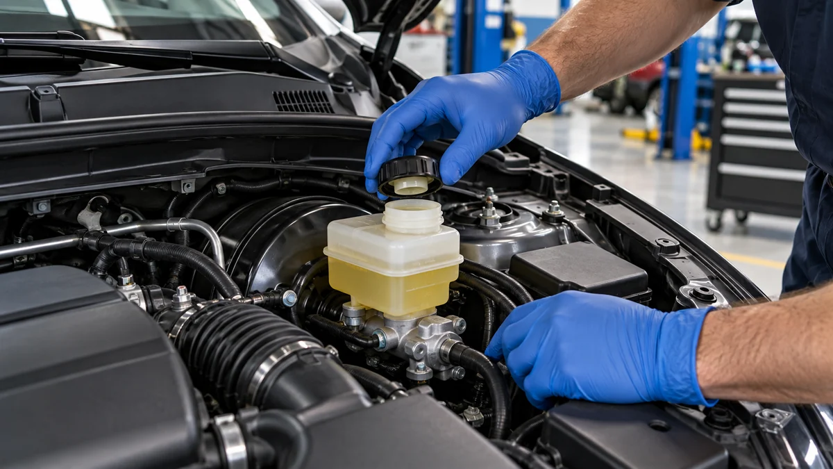 Mechanic wearing blue nitrile gloves inspecting an open brake fluid reservoir in a modern car engine bay.