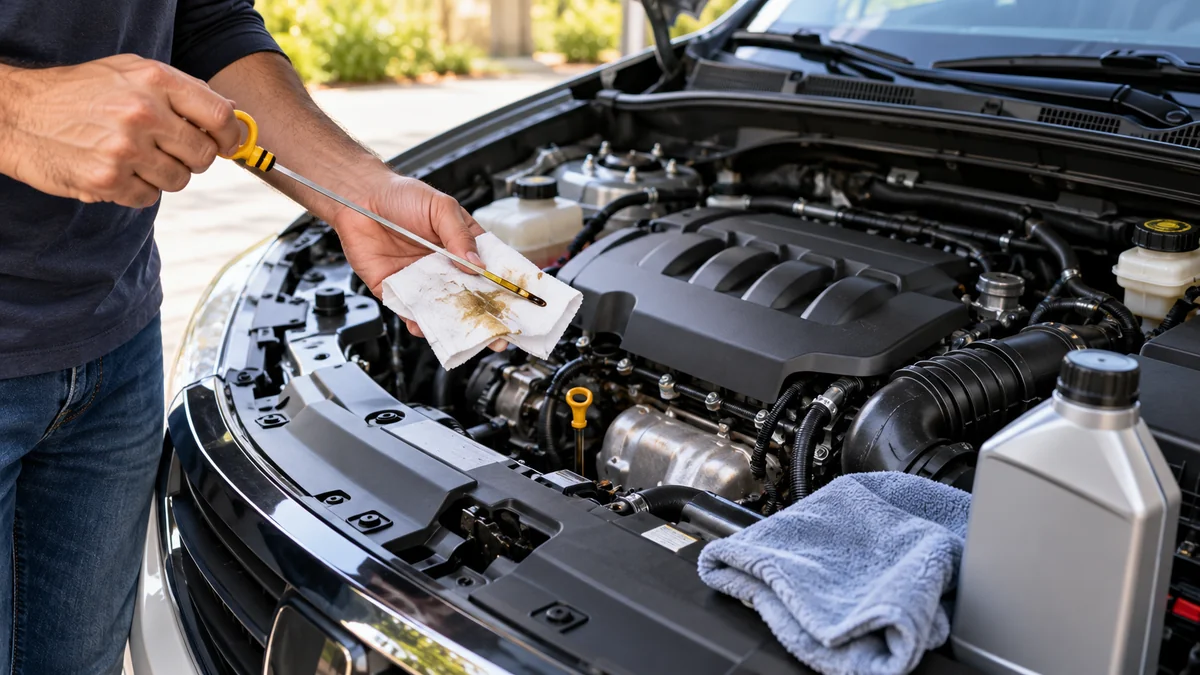 Person checking engine oil level with a dipstick and shop towel under the open hood of a gasoline car.