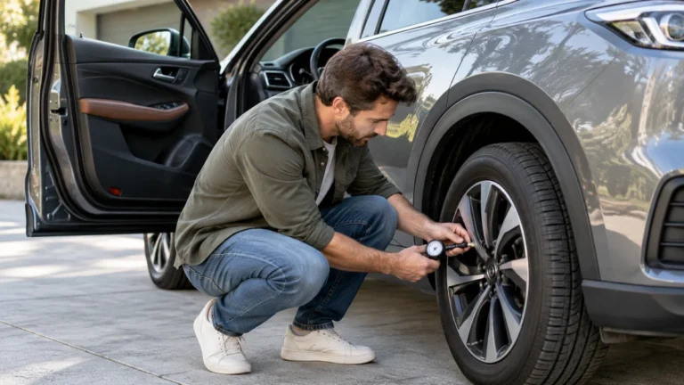 Driver checking car tire pressure with a handheld gauge beside an open driver-side door.