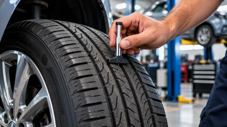 Hand using a tire tread-depth gauge to measure the tread grooves of a car tire beside a silver alloy wheel.