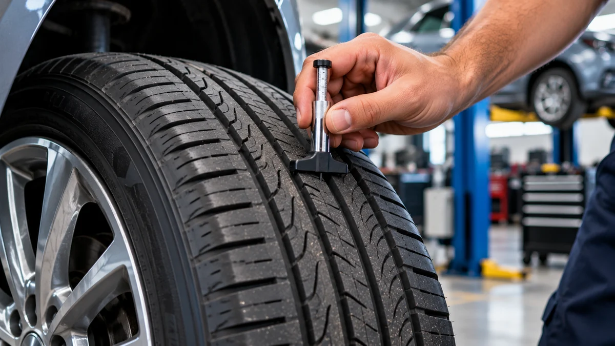 Hand using a tire tread-depth gauge to measure the tread grooves of a car tire beside a silver alloy wheel.