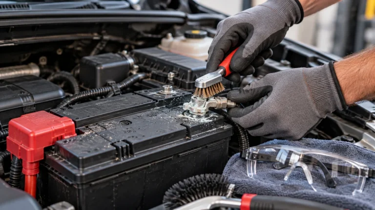 Gloved hands using a battery-terminal brush to clean white corrosion from a car battery terminal in an engine bay.