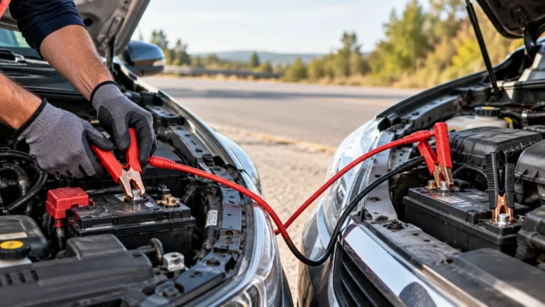 Gloved hands attaching a red jumper cable clamp to a car battery while two vehicles are parked roadside with their hoods open.