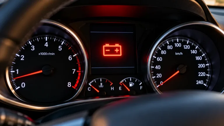 Red battery charging-system warning icon illuminated in the center of a modern car instrument cluster.