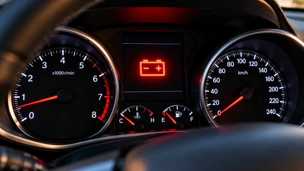 Red battery charging-system warning icon illuminated in the center of a modern car instrument cluster.