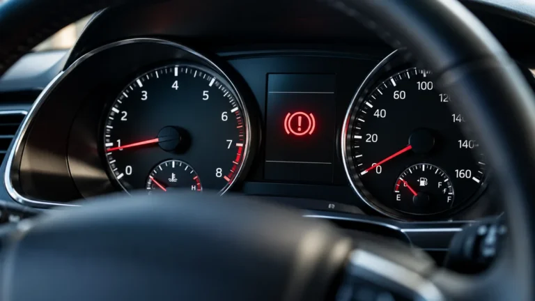 Red brake system warning light illuminated on a modern car instrument cluster with the steering wheel softly out of focus.