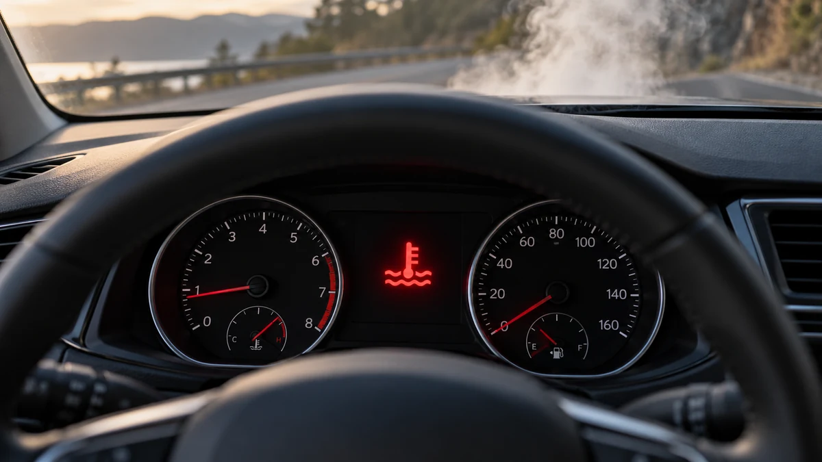 Red engine coolant temperature warning light illuminated on a car dashboard, with the temperature gauge near hot and steam visible through the windshield.