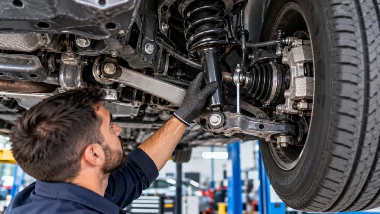 Mechanic inspecting a car's front strut, coil spring, and suspension components beneath a raised vehicle in a repair shop.