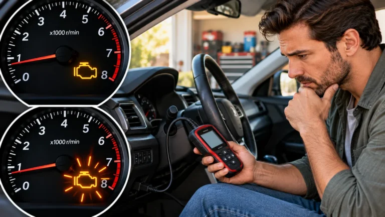 Driver using an OBD-II scanner with illustrations comparing steady and flashing check-engine warning lights.
