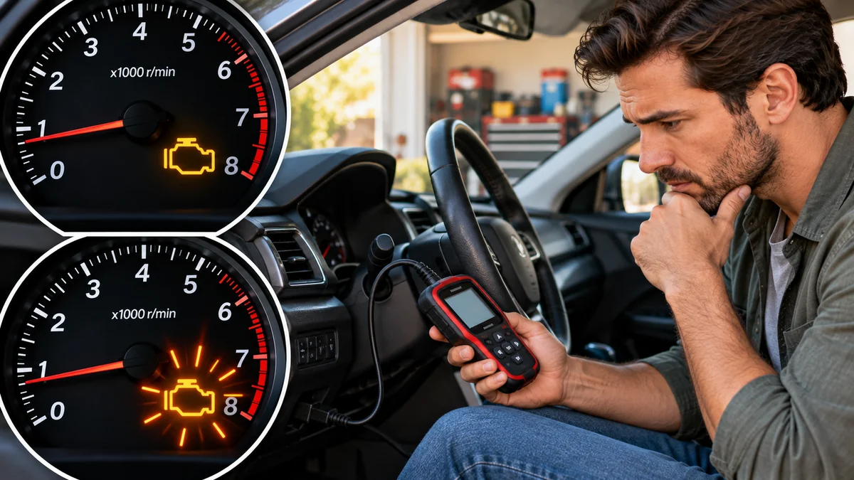 Driver using an OBD-II scanner with illustrations comparing steady and flashing check-engine warning lights.