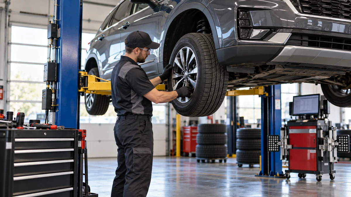 Technician inspecting an SUV tire and wheel while the vehicle is raised on a lift in a professional tire service shop.