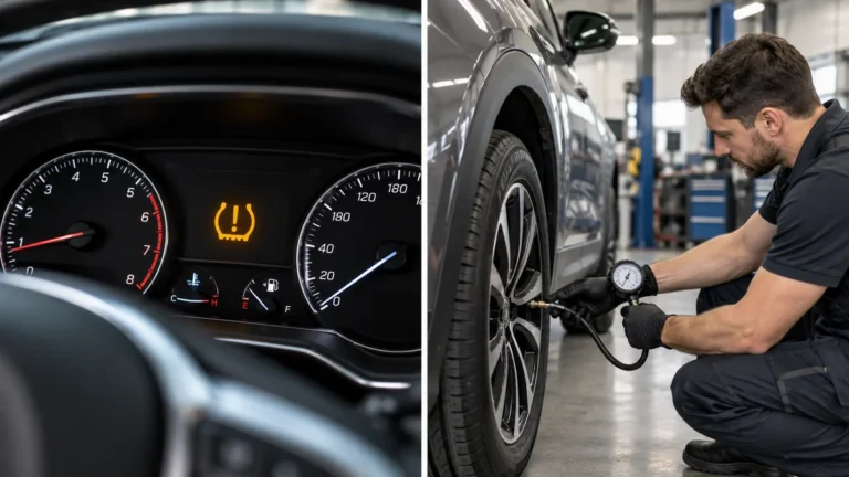 Amber TPMS tire-pressure warning light on a car dashboard beside a technician checking tire pressure with a handheld gauge.