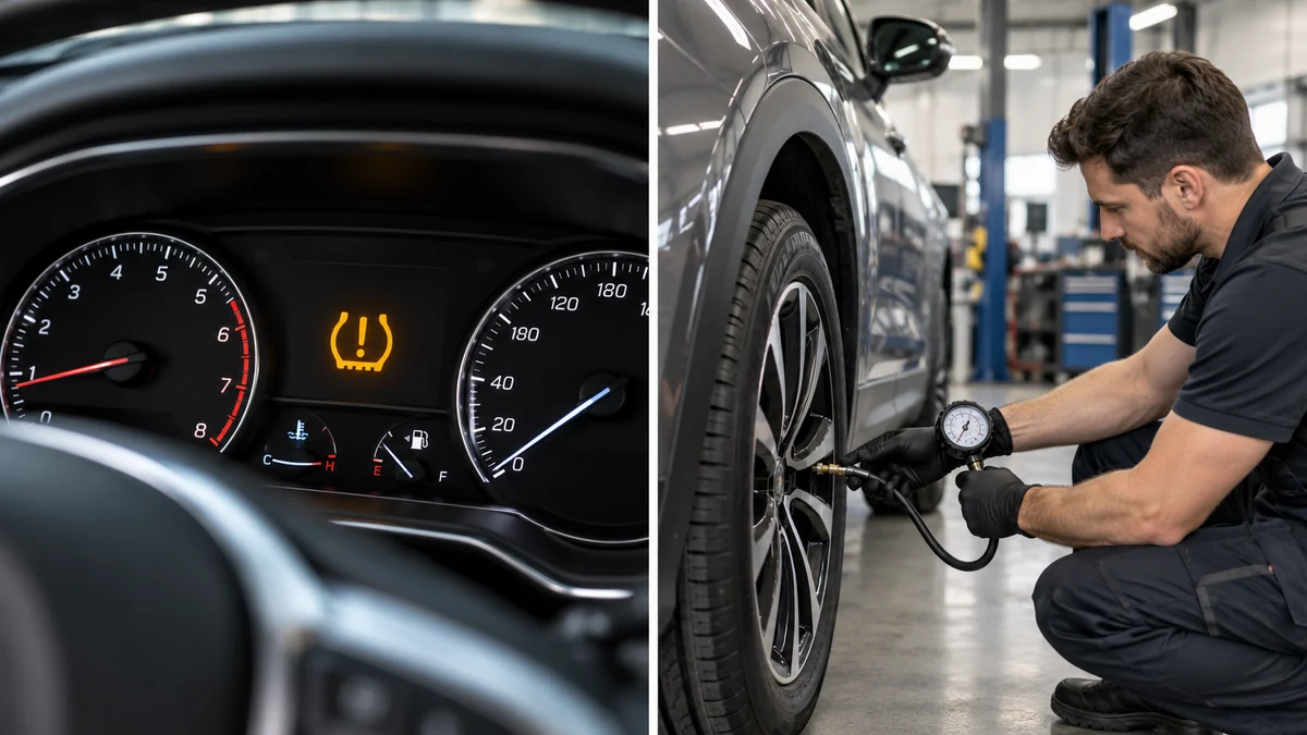 Amber TPMS tire-pressure warning light on a car dashboard beside a technician checking tire pressure with a handheld gauge.