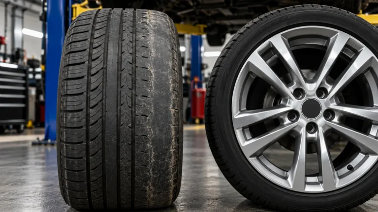 Close-up of a car tire with severe uneven tread wear along one edge beside a silver alloy wheel in an automotive workshop.