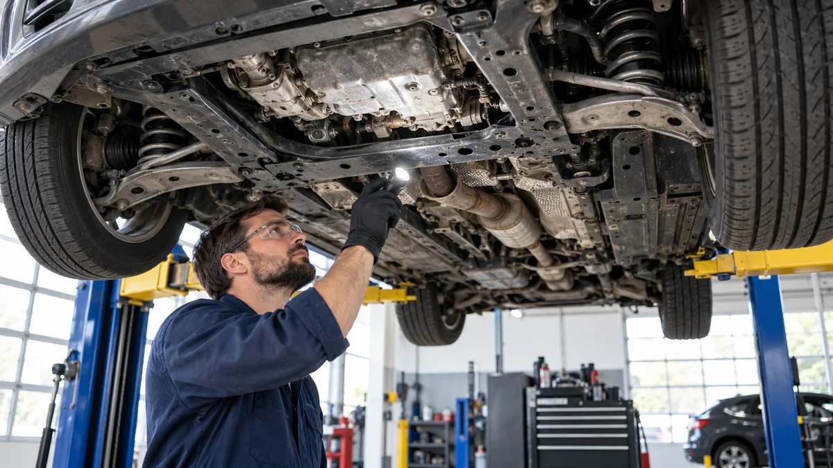 Independent mechanic inspecting the undercarriage of a used sedan with a flashlight while the vehicle is raised on a workshop lift.