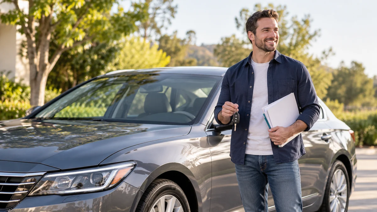 Vehicle owner holding car keys and paperwork beside a clean, polished gray sedan parked outdoors in daylight.