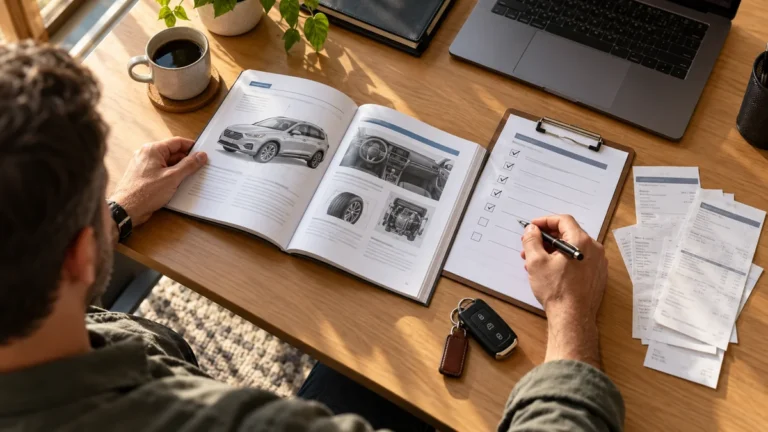 Vehicle owner reviewing a car owner's manual, maintenance checklist, and service receipts on a wooden desk beside car keys.