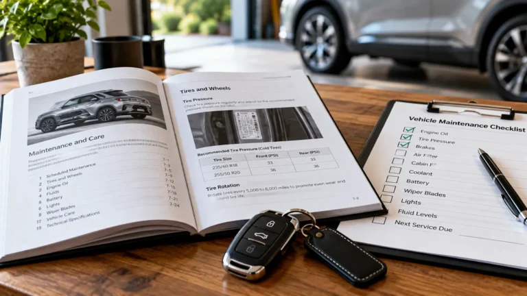 Open vehicle owner's manual on a wooden table beside car keys and a routine maintenance checklist.