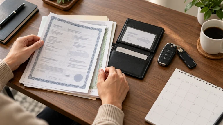 Vehicle owner organizing car registration documents, insurance cards, car keys, and a calendar on a wooden desk.