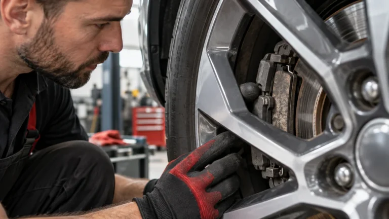 Mechanic inspecting a car's disc brake pads, caliper, and rotor through a silver alloy wheel in a professional garage.